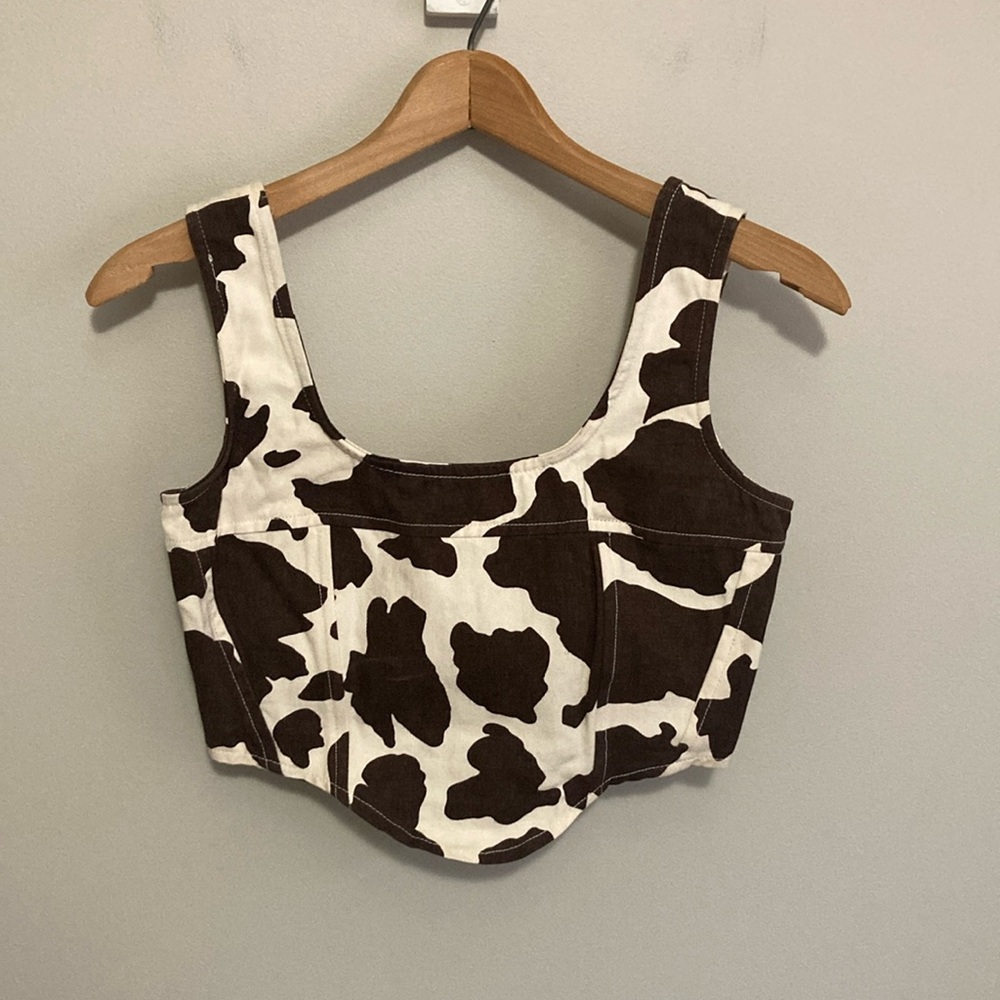 Lone Star Brown and White Cow Print Women's Denim Corset Top, Size Small, Crop